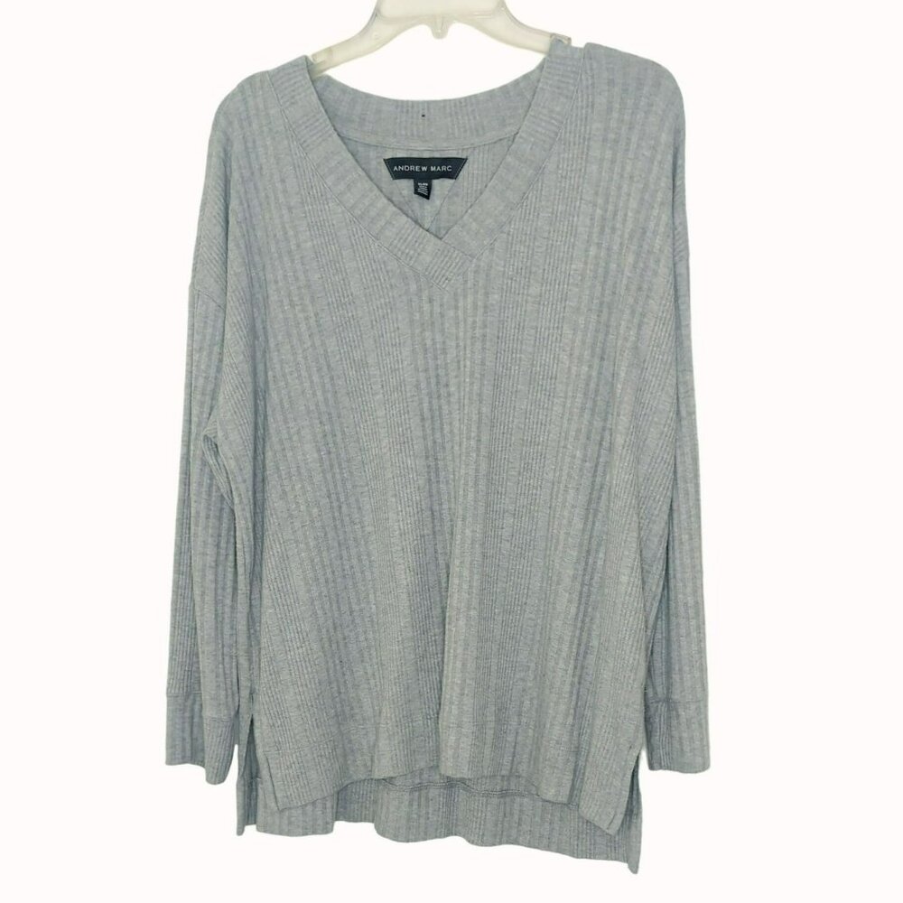 Andrew Marc Womens XL Heather Gray Ribbed V-Neck Sweater Long Sleeve